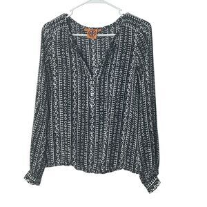 Tory Burch Women's Blouse 100% Silk Long Sleeve Black White Print Top Size 2
